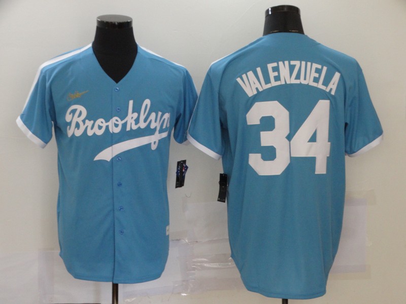 Men's Los Angeles Dodgers #34 Fernando Valenzuela Throwback Blue Cool Base Stitched Jersey